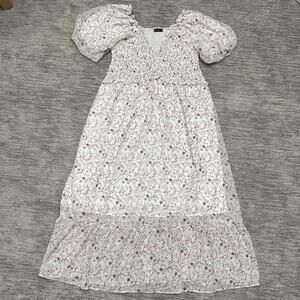 Mikarose Dress Womens XL White Floral Smocked Maxi Puff Sleeve Boho Cottagecore